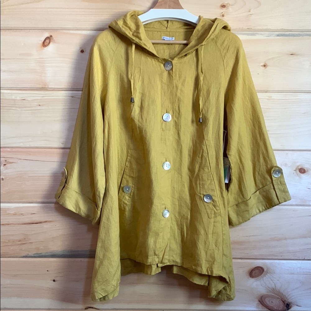 Sigrid Olsen 100% Linen Lagenlook Mustard Yellow Hooded Coat sz L
